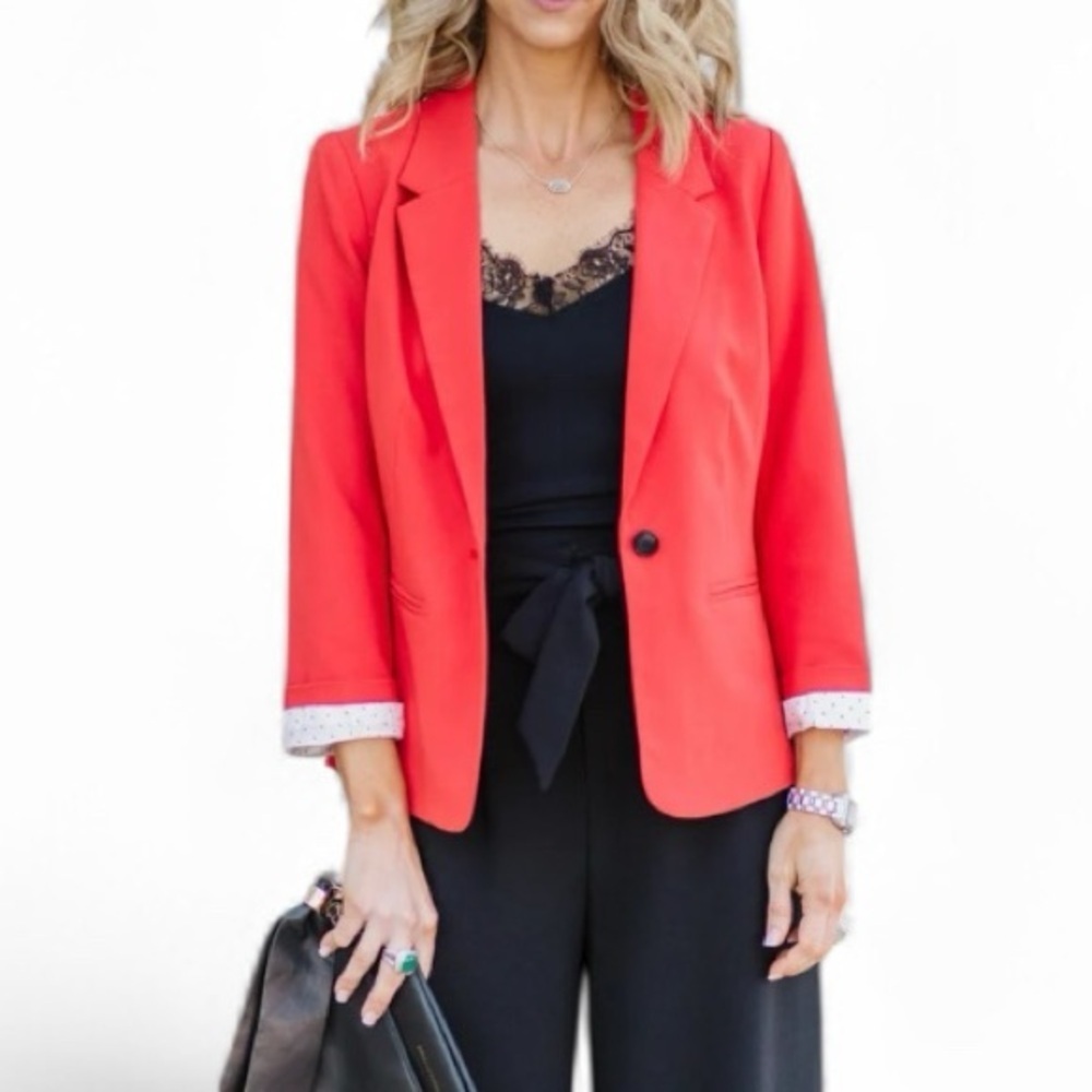 Kensie Red 3/4 Sleeve Polka Dot Lined Blazer M